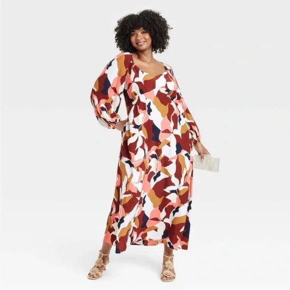 NWT Women's Long Sleeve Crepe Maxi A-Line Dress - A New Day™ Red Floral XXL - Picture 1 of 12